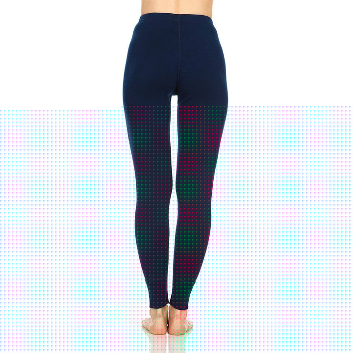 A pair of one hundred percent merino wool midweight women's base layer bottoms. These bottoms feature a gusset between the legs for improved range of motion, and cuffs around the ankles for comfort and style. #color_navy